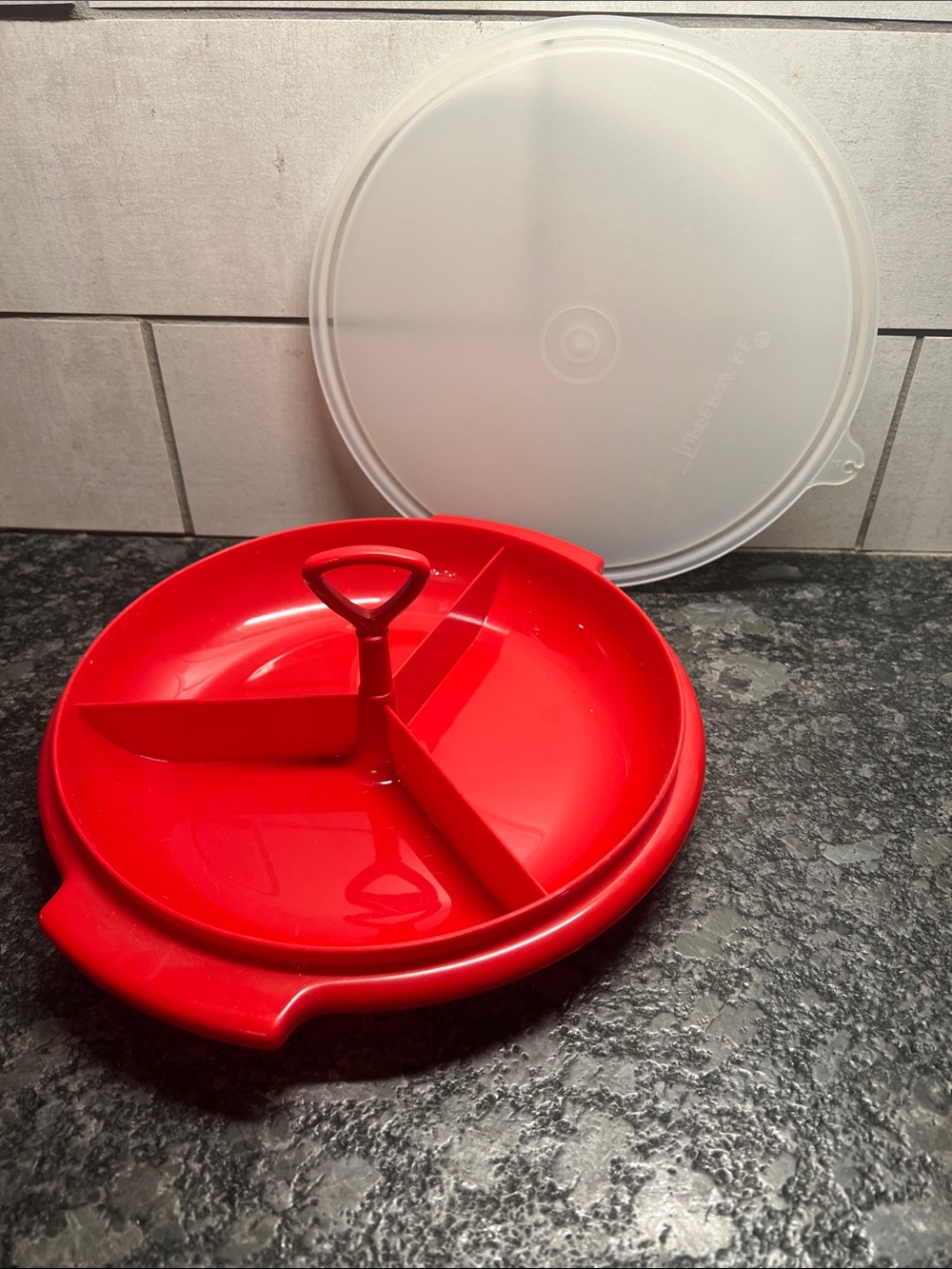 Tupperware Red Suzette Divided Relish Dish - Round Lid with Central Grip. NWOT